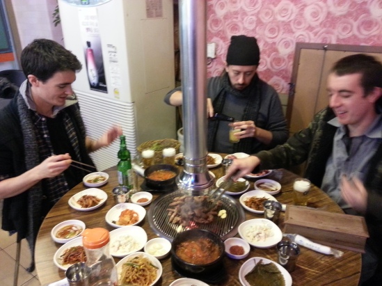 Nolan (L), Phil (C), Andrew (R) prepping some delicious Korean BBQ.